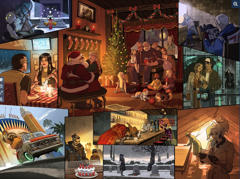 Note Genji writing a letter in the upper left-hand corner and Mercy receiving it in the bottom right. Interesting! Also McCree and Sombra hang out? Surprising!